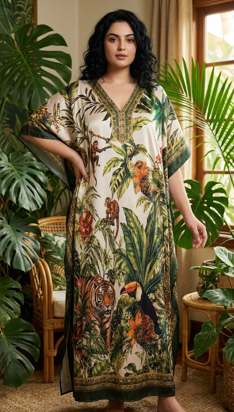 Cream Tropical Print Satin Women Plus Size Kaftan Summer Dress 1X-3X
