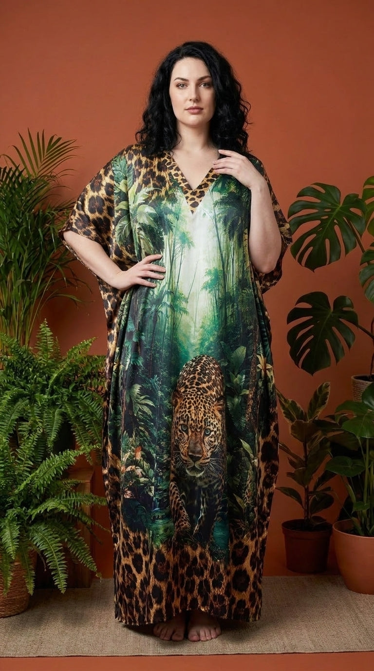 Green Leopard Print Satin Women Plus Size Kaftan Beach Dress 1X-3X - Gypsie Blu