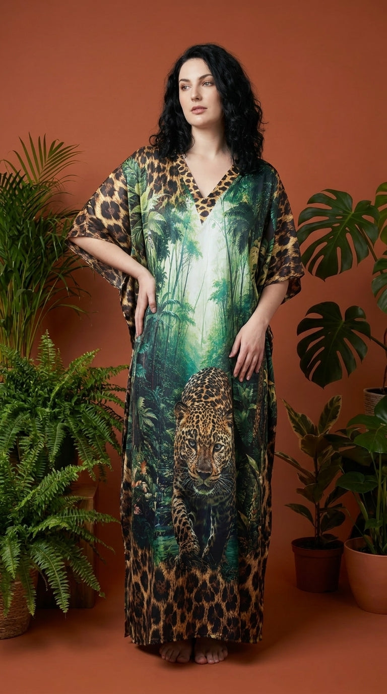 Green Leopard Print Satin Women Plus Size Kaftan Beach Dress 1X-3X - Gypsie Blu