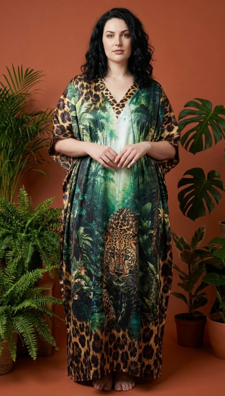 Green Leopard Print Satin Women Plus Size Kaftan Maxi Dress 1X-3X
