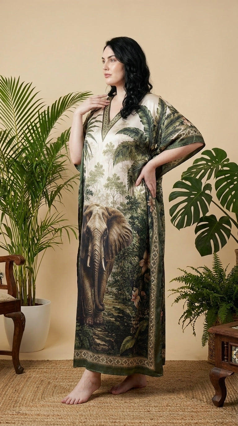 Ivory Cream Animal Print Satin Women Plus Size Kaftan Beach Dress 1X-3X - Gypsie Blu
