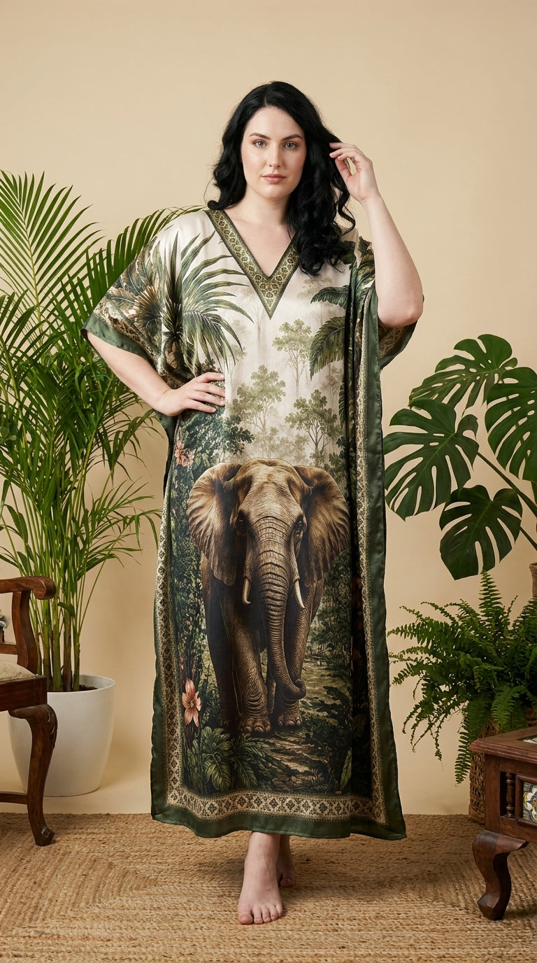 Ivory Cream Animal Print Satin Women Plus Size Kaftan Beach Dress 1X-3X - Gypsie Blu