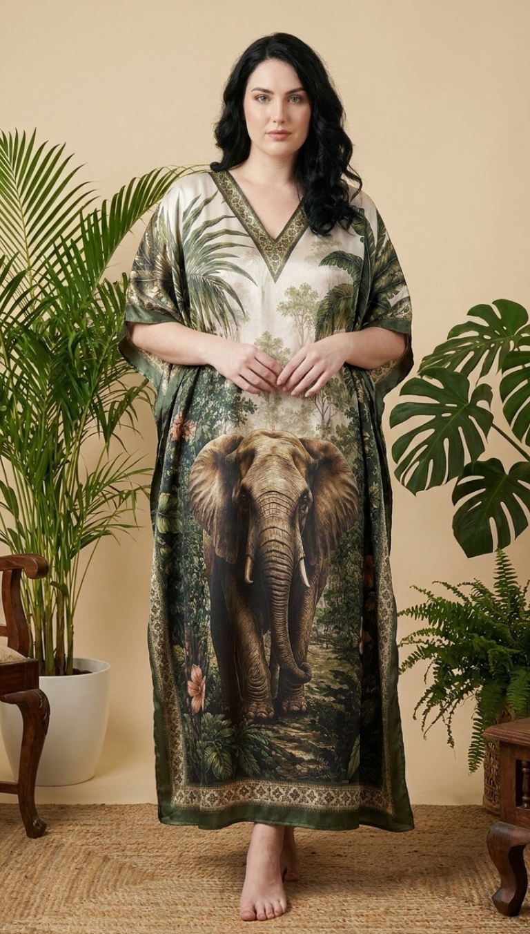Ivory Cream Animal Print Satin Women Plus Size Kaftan Beach Dress 1X-3X