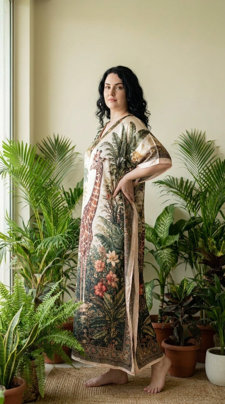 Green Animal Print Satin Women Plus Size Kaftan Resort Dress 1X-3X - Gypsie Blu