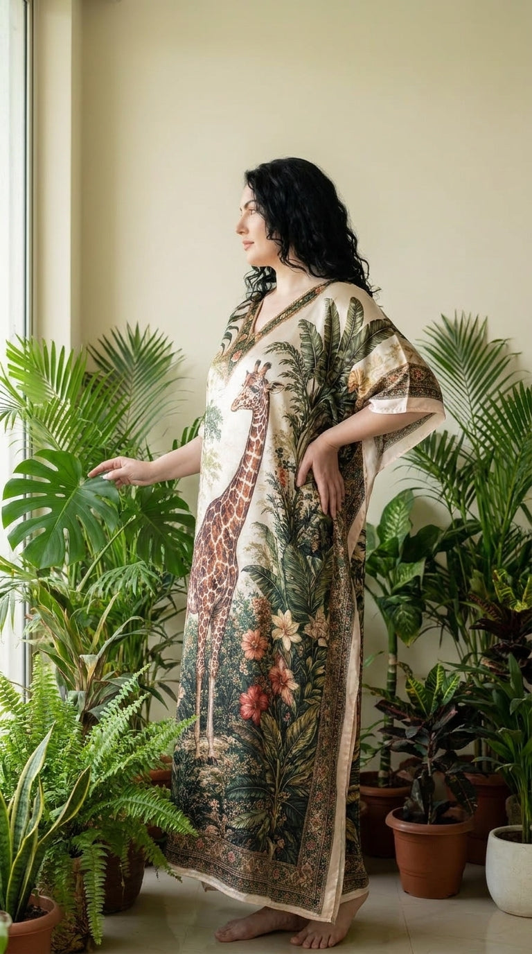 Green Animal Print Satin Women Plus Size Kaftan Resort Dress 1X-3X - Gypsie Blu