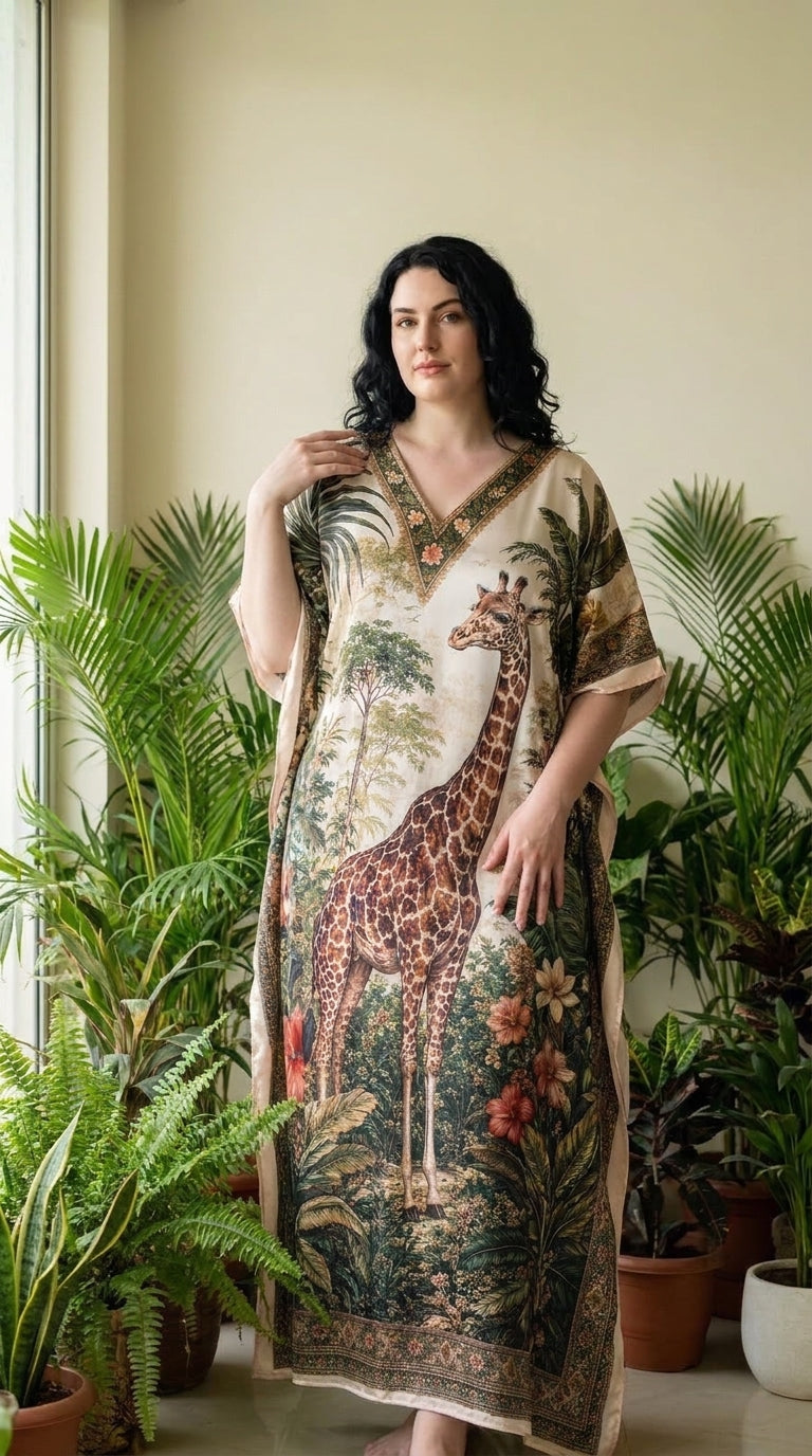 Green Animal Print Satin Women Plus Size Kaftan Resort Dress 1X-3X - Gypsie Blu