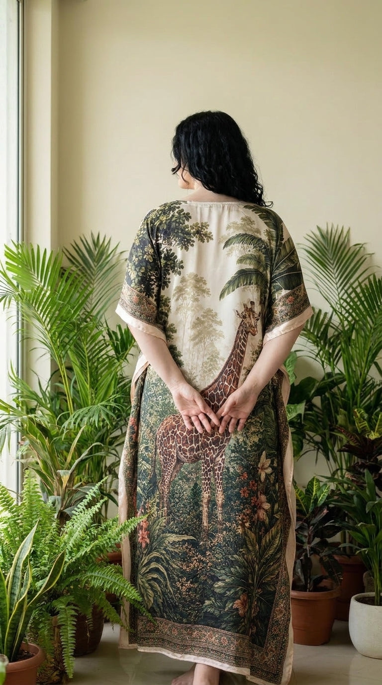 Green Animal Print Satin Women Plus Size Kaftan Resort Dress 1X-3X