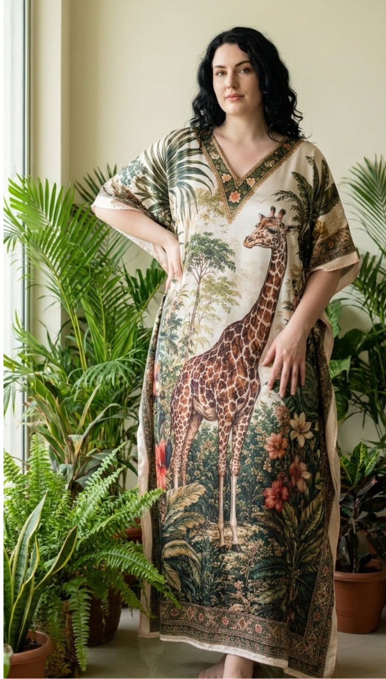 Green Animal Print Satin Women Plus Size Kaftan Resort Dress 1X-3X