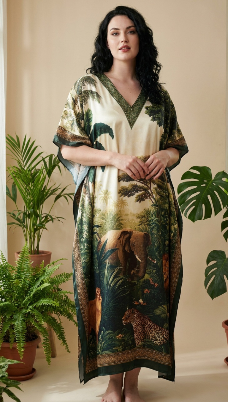 Ivory Cream Animal Print Satin Women Plus Size Kaftan Boho Dress 1X-3X