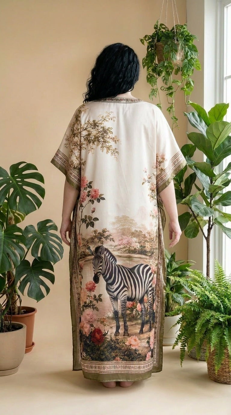 Cream Animal Print Satin Women Plus Size Kaftan Summer Dress 1X-3X