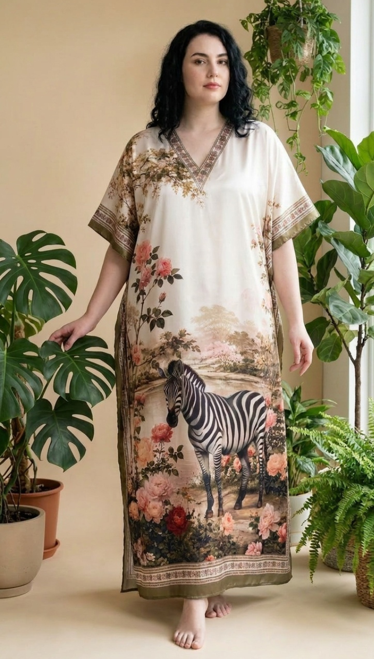 Cream Animal Print Satin Women Plus Size Kaftan Summer Dress 1X-3X