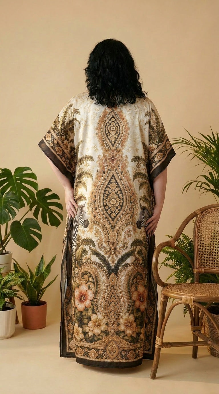 Multicolor Tropical Print Satin Women Plus Size Kaftan Casual Dress 1X-3X