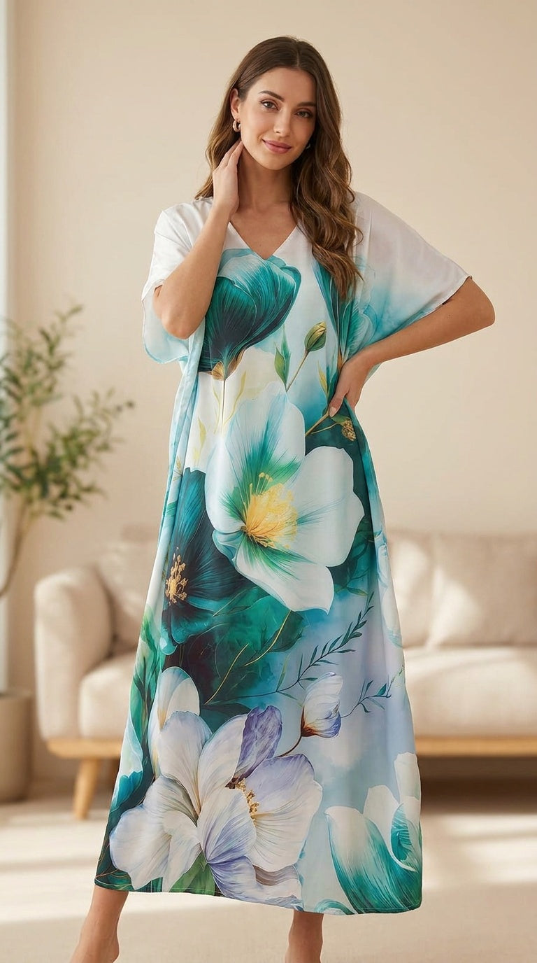 Blue Floral Satin Plus Size Kaftan for Women 1X-3X | GypsieBlu