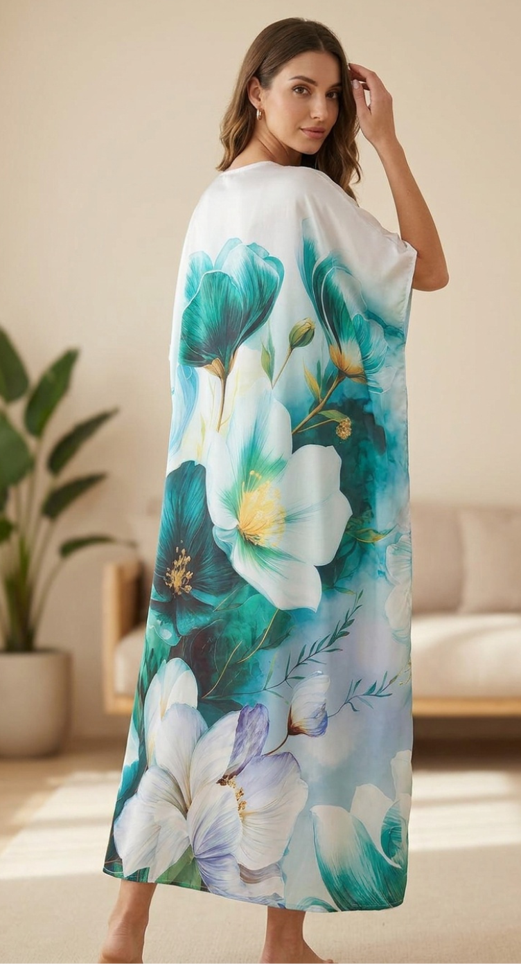 Blue Floral Satin Plus Size Kaftan for Women 1X-3X | GypsieBlu
