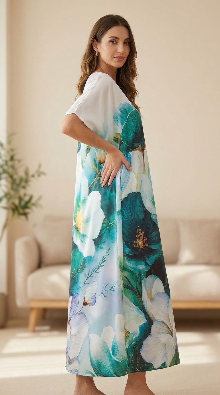 Blue Floral Satin Plus Size Kaftan for Women 1X-3X | GypsieBlu