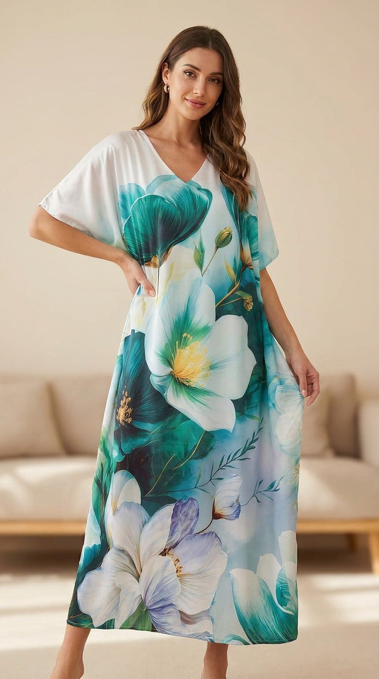 Blue Floral Satin Plus Size Kaftan for Women 1X-3X | GypsieBlu