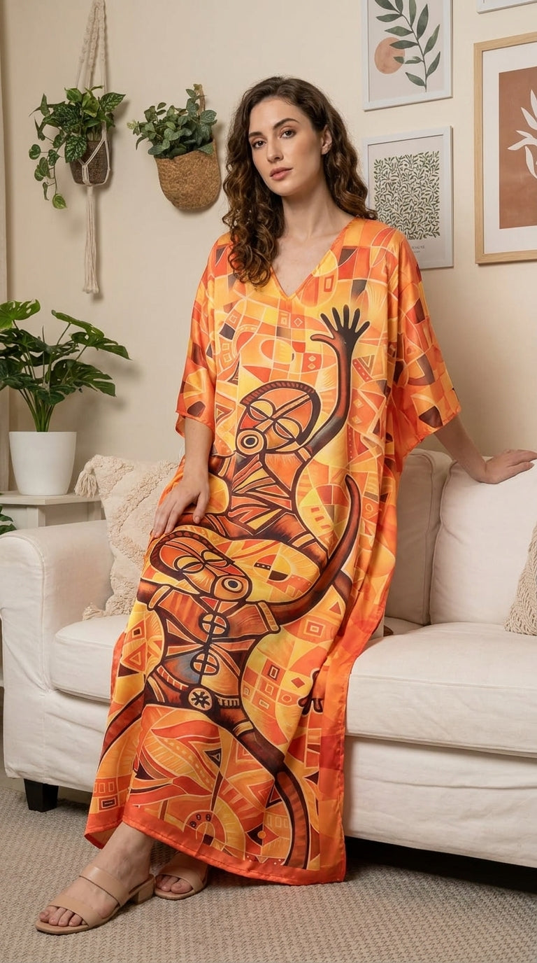 Bright Orange Tribal Satin Plus Size Kaftan for Women 1X-3X | GypsieBlu