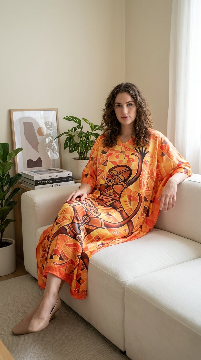 Bright Orange Tribal Satin Plus Size Kaftan for Women 1X-3X | GypsieBlu