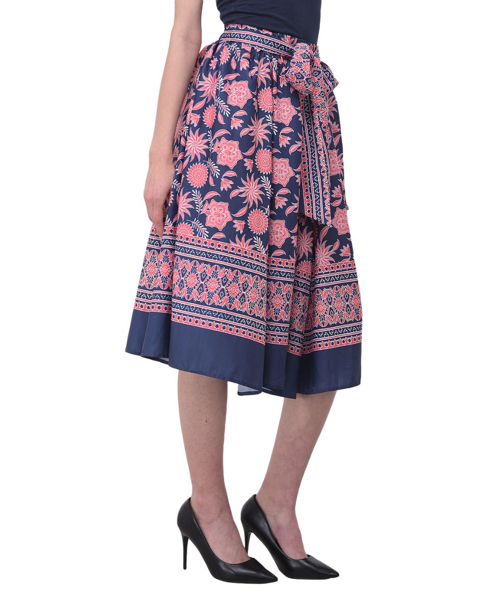 Navy Blue Floral Pattern Polyester Midi Skirt With Belt For Women