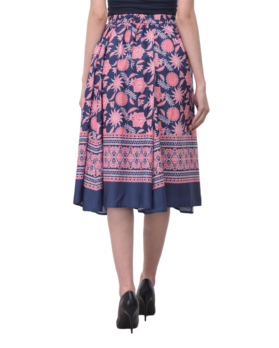 Navy Blue Floral Pattern Polyester Midi Skirt With Belt For Women