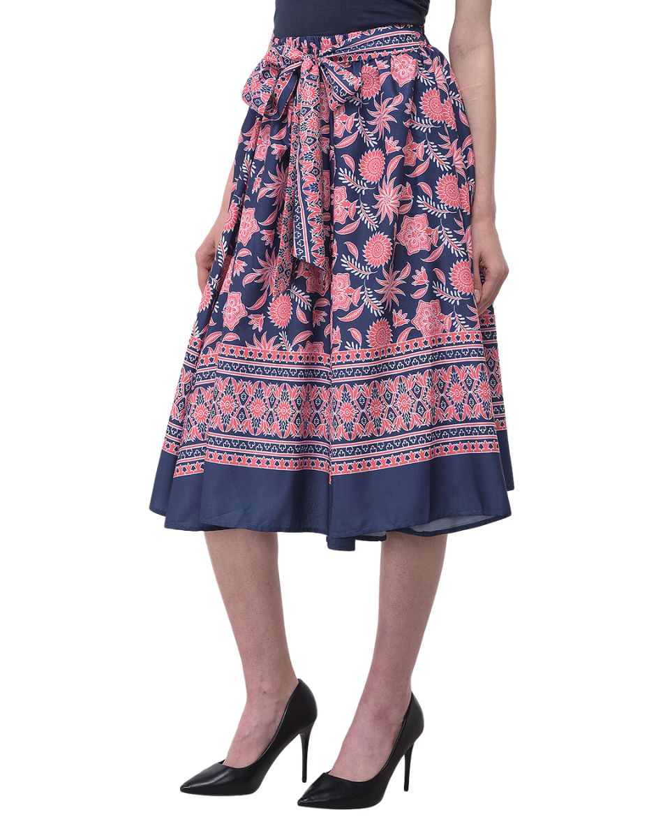 Navy Blue Floral Pattern Polyester Midi Skirt With Belt For Women