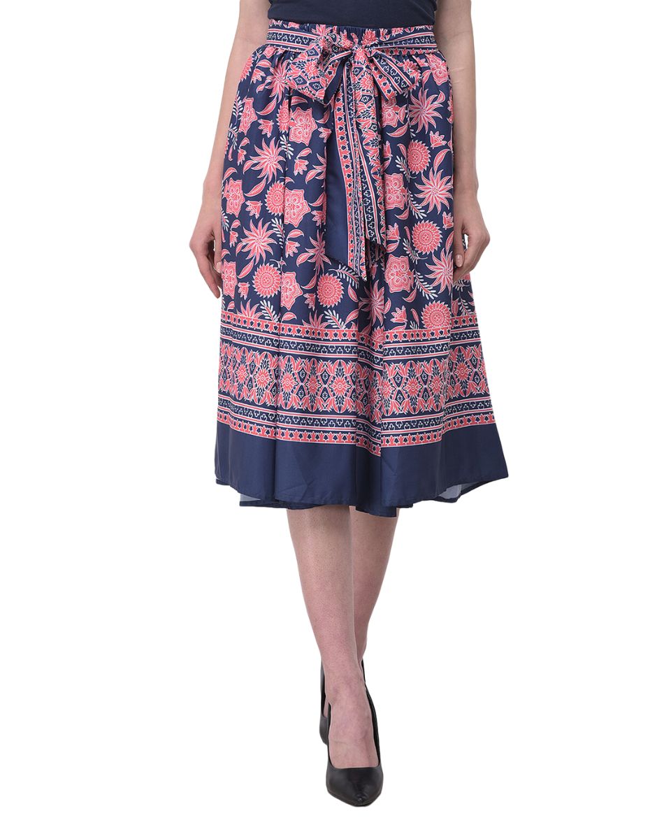 Navy Blue Floral Pattern Polyester Midi Skirt With Belt For Women