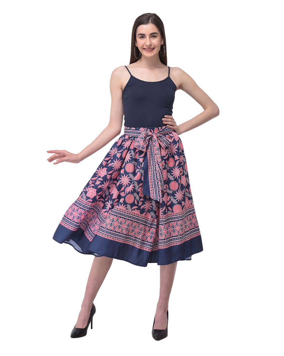 Navy Blue Floral Pattern Polyester Midi Skirt With Belt For Women