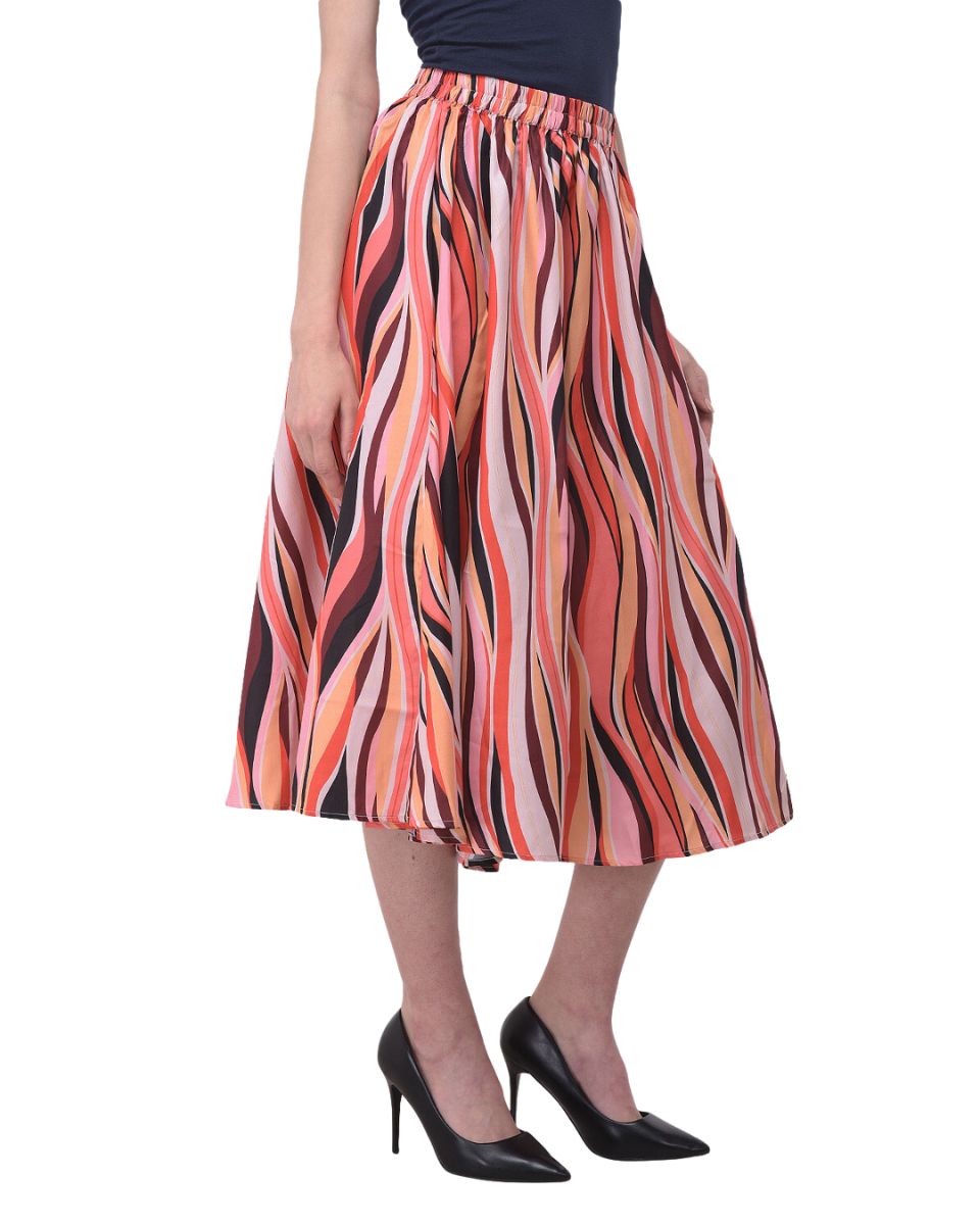 A Line Multicolor Striped Polyester Midi Skirt For Women