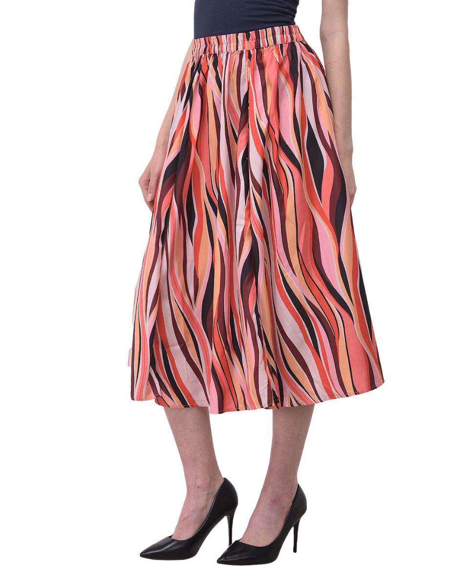 A Line Multicolor Striped Polyester Midi Skirt For Women