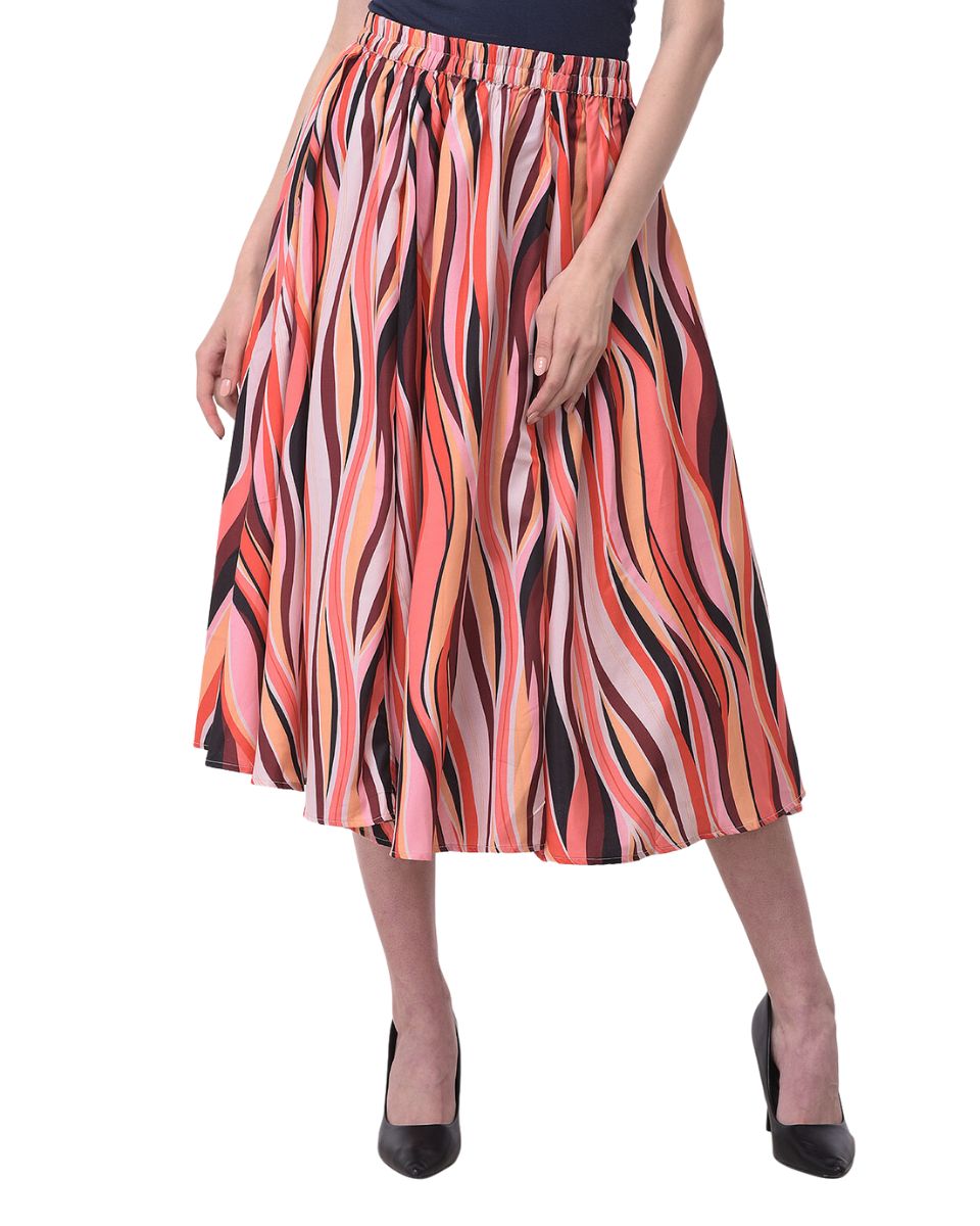 A Line Multicolor Striped Polyester Midi Skirt For Women