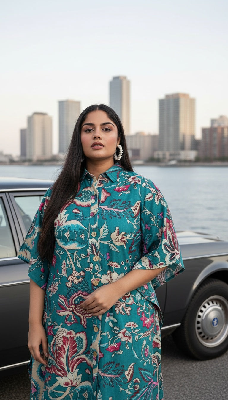 Floral Printed Turquoise Cotton Front Button Tunic For Plus Size Women