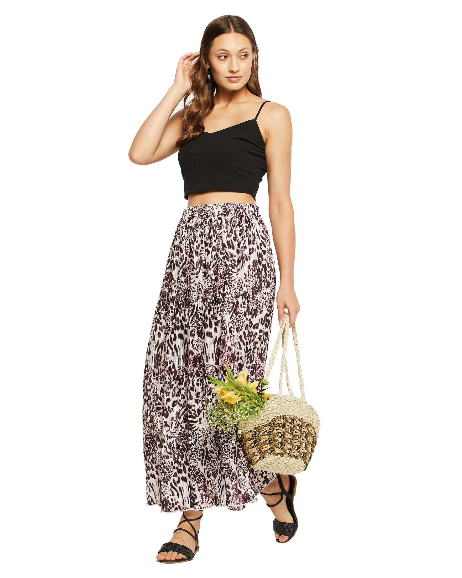 Animal Print Pleated Lycra Wine A Line Maxi Skirt For Women