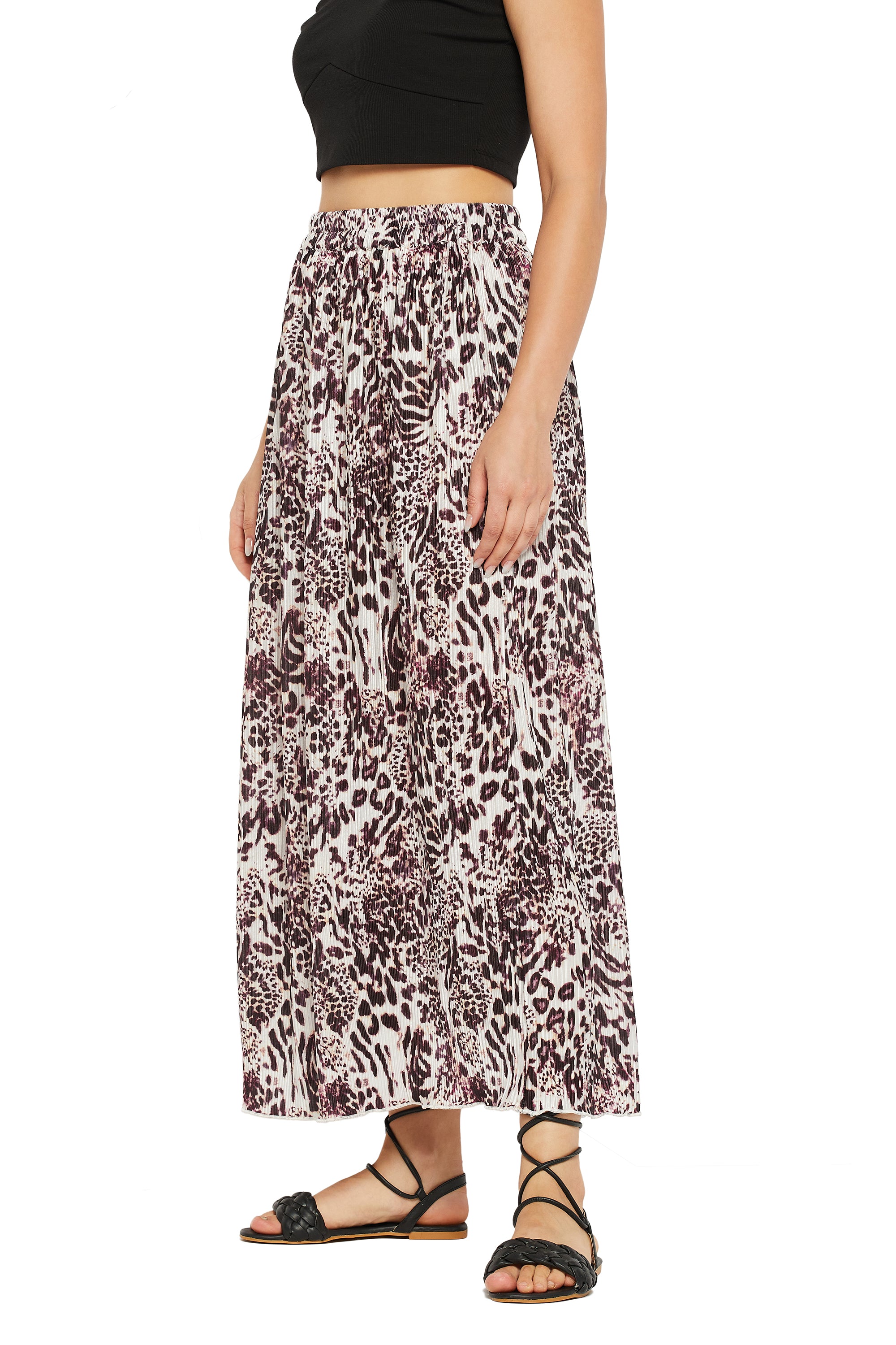 Animal Print Pleated Lycra Wine A Line Maxi Skirt For Women