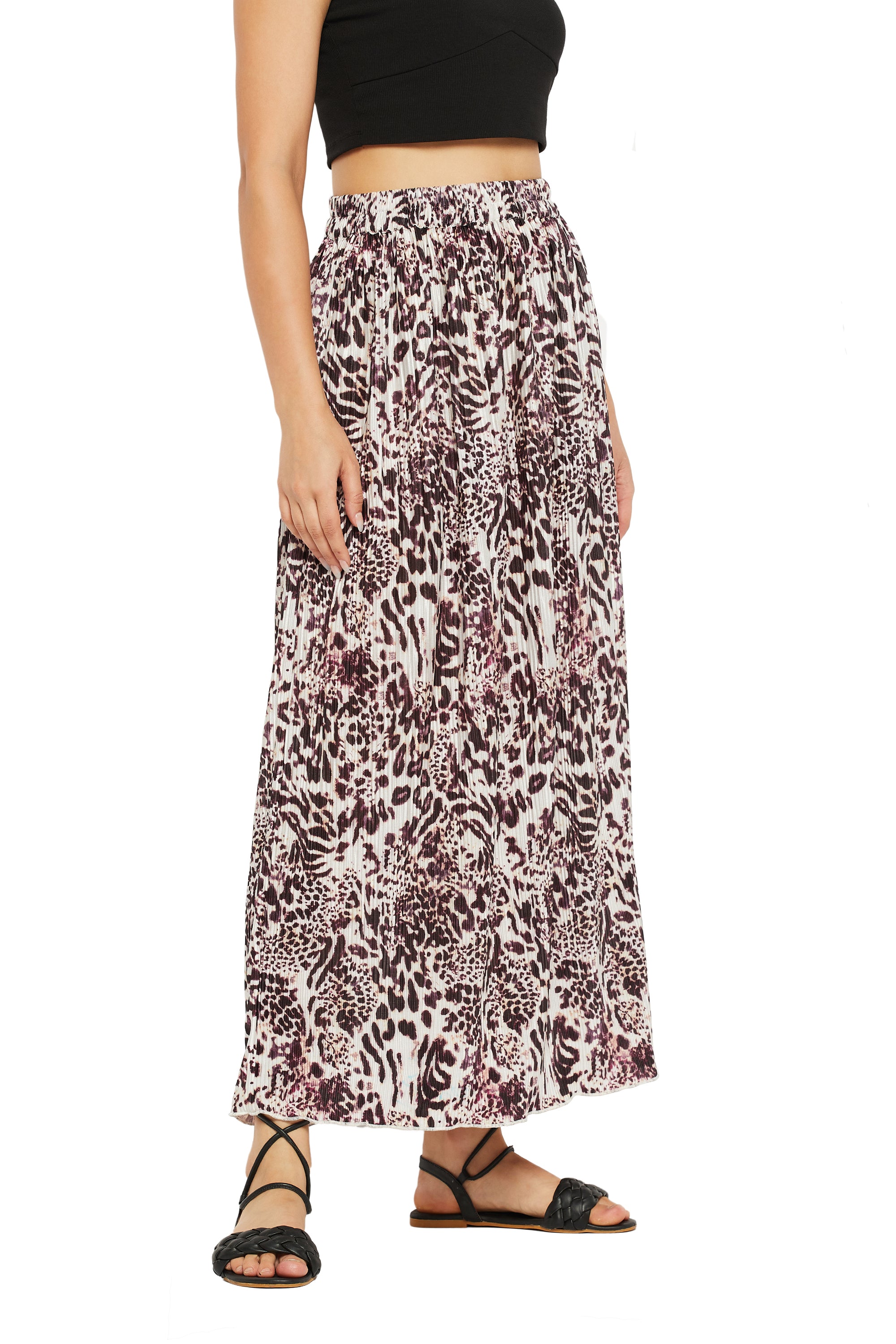 Animal Print Pleated Lycra Wine A Line Maxi Skirt For Women