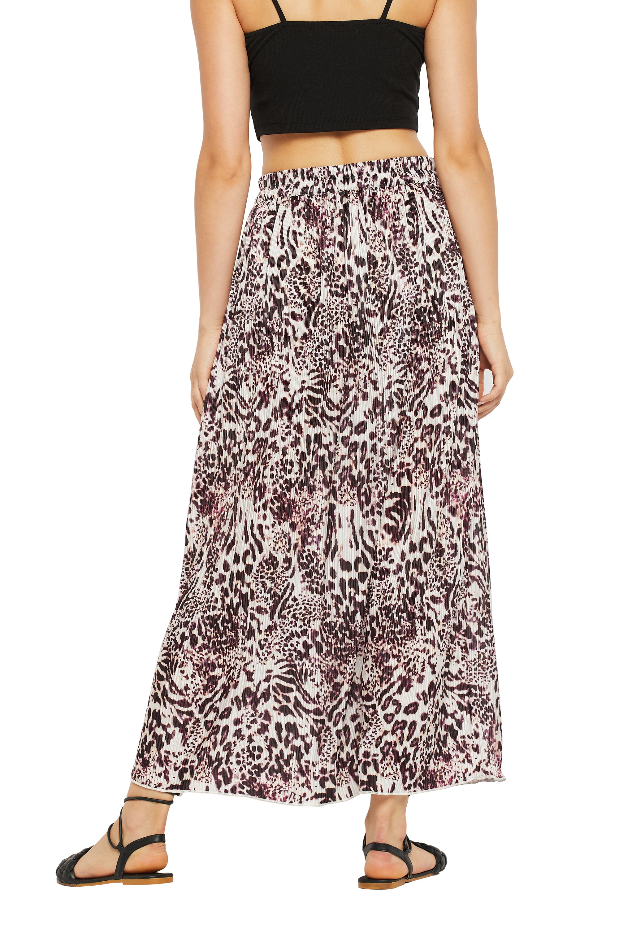 Animal Print Pleated Lycra Wine A Line Maxi Skirt For Women