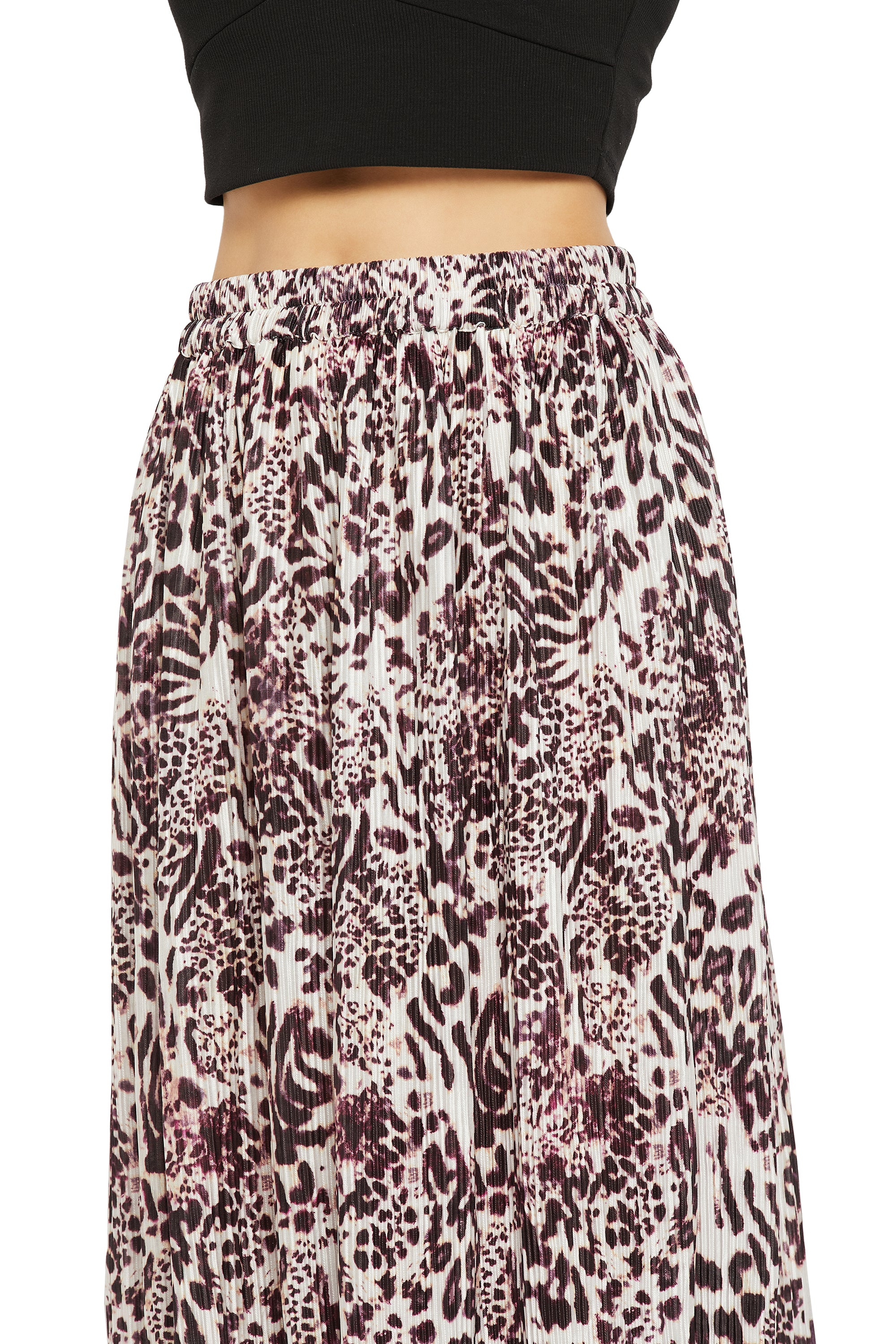 Animal Print Pleated Lycra Wine A Line Maxi Skirt For Women