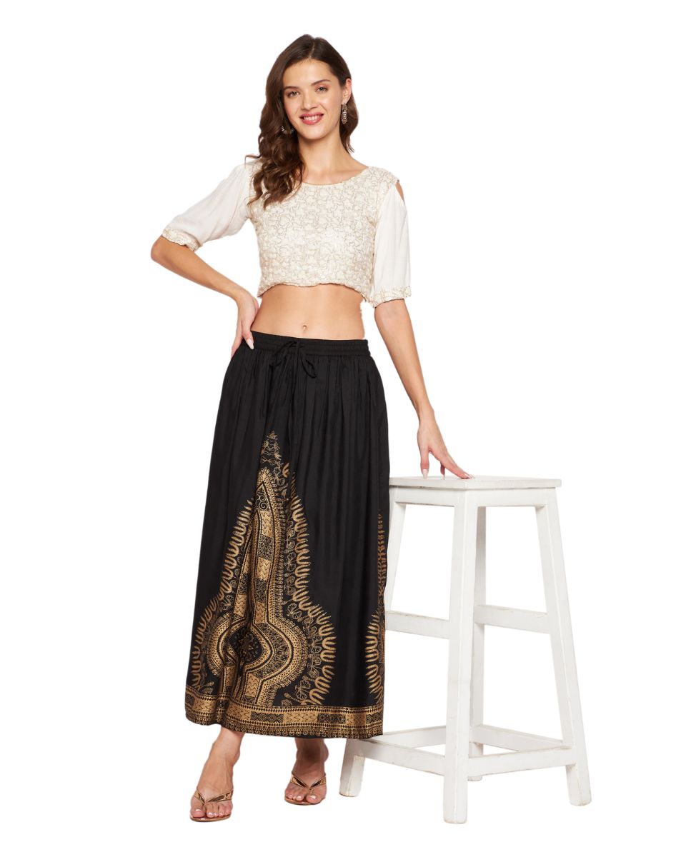 Gold Foil Dashiki Print Black Rayon Skirt For Women