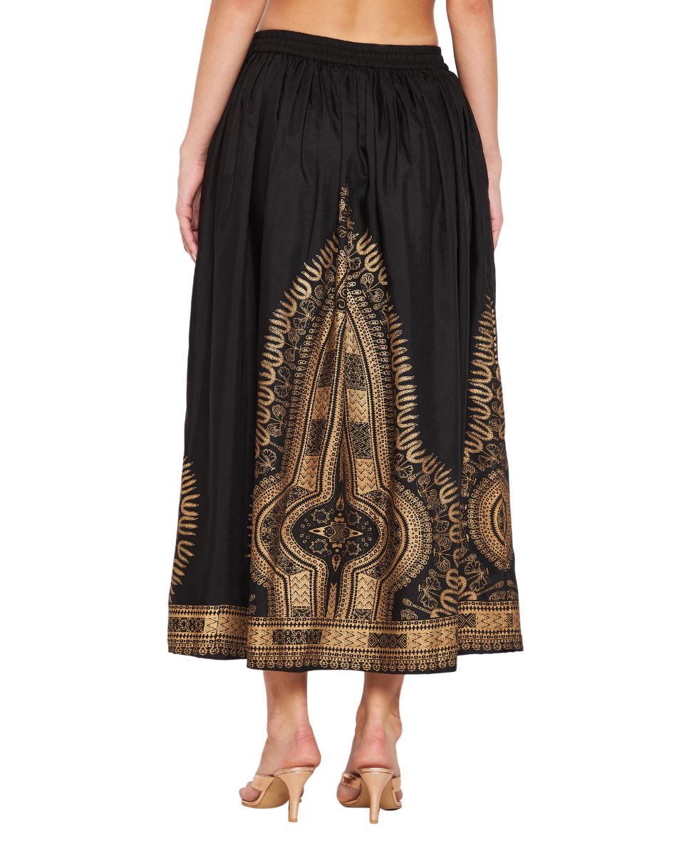 Gold Foil Dashiki Print Black Rayon Skirt For Women