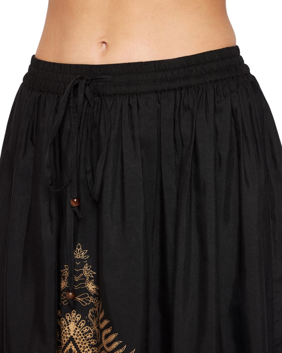 Gold Foil Dashiki Print Black Rayon Skirt For Women