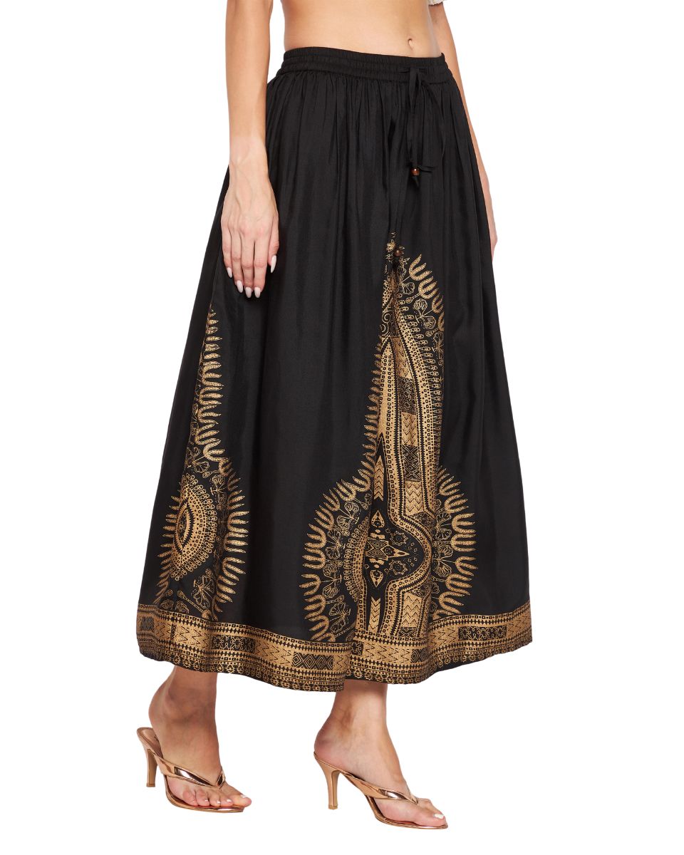 Gold Foil Dashiki Print Black Rayon Skirt For Women