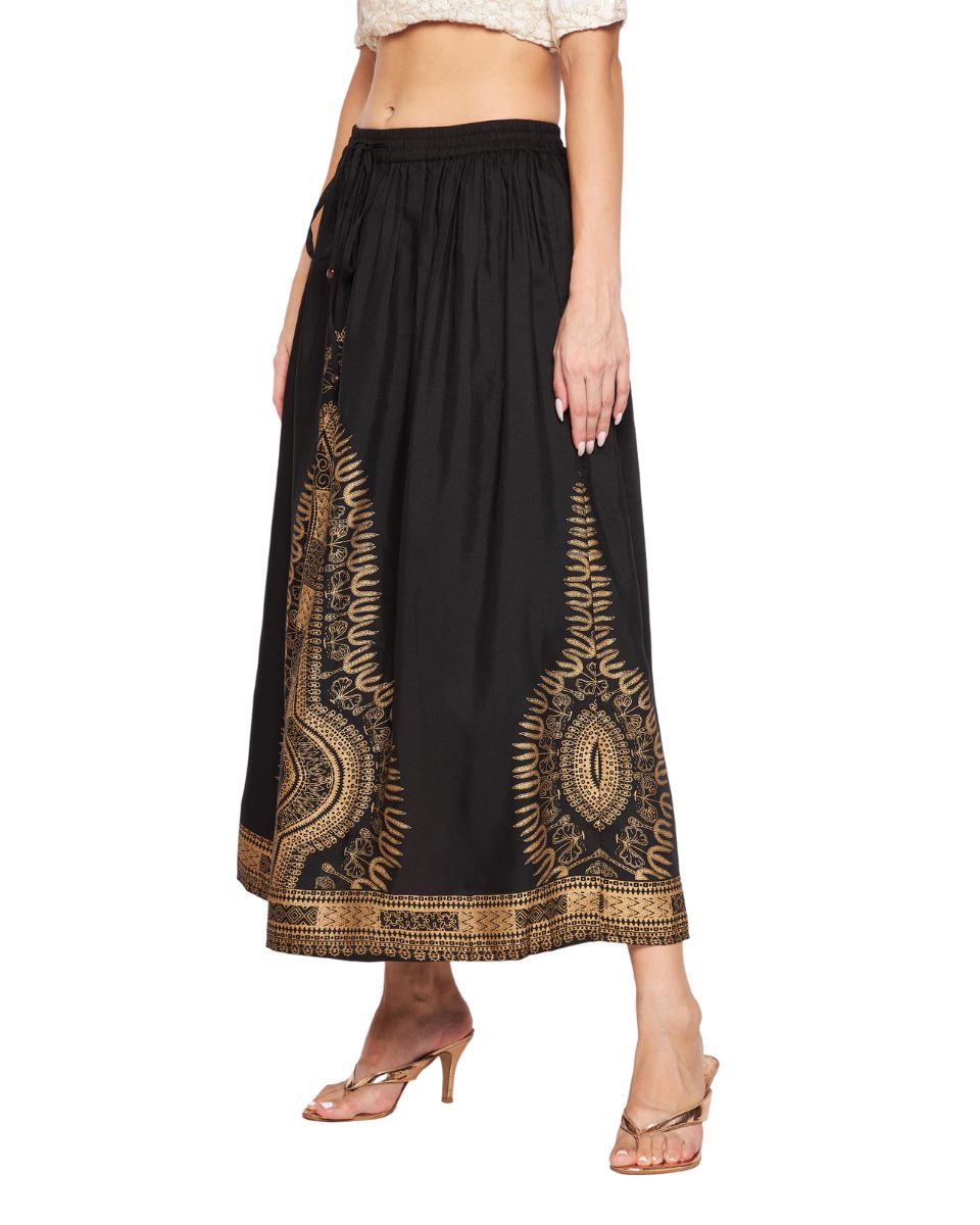 Gold Foil Dashiki Print Black Rayon Skirt For Women