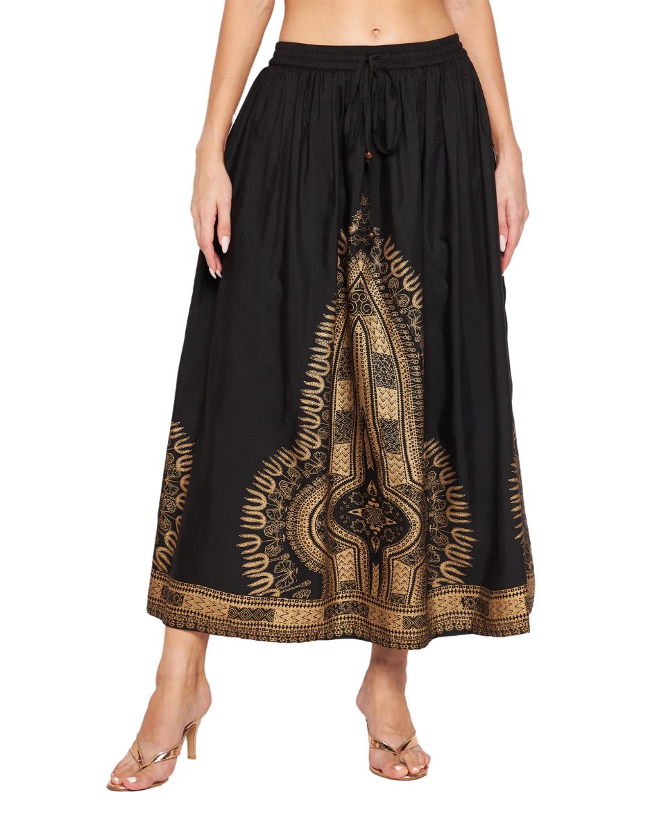 Gold Foil Dashiki Print Black Rayon Skirt For Women