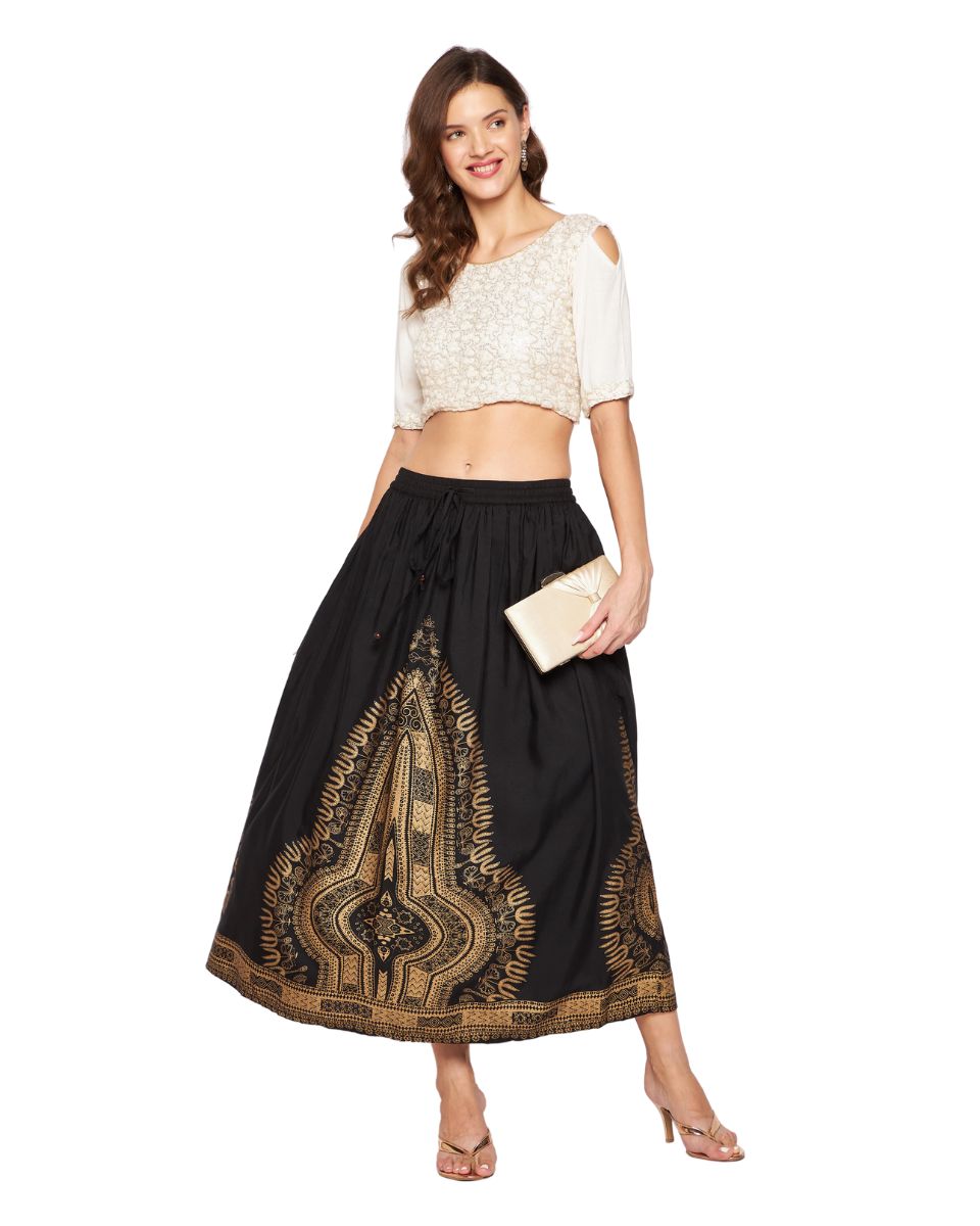 Gold Foil Dashiki Print Black Rayon Skirt For Women