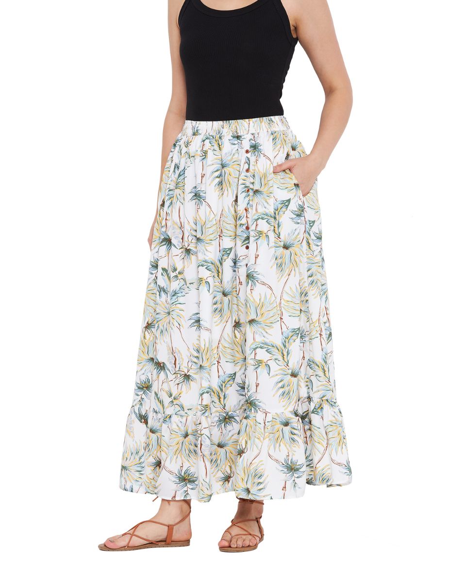 Floral Printed Off White Polyester Skirt For Women