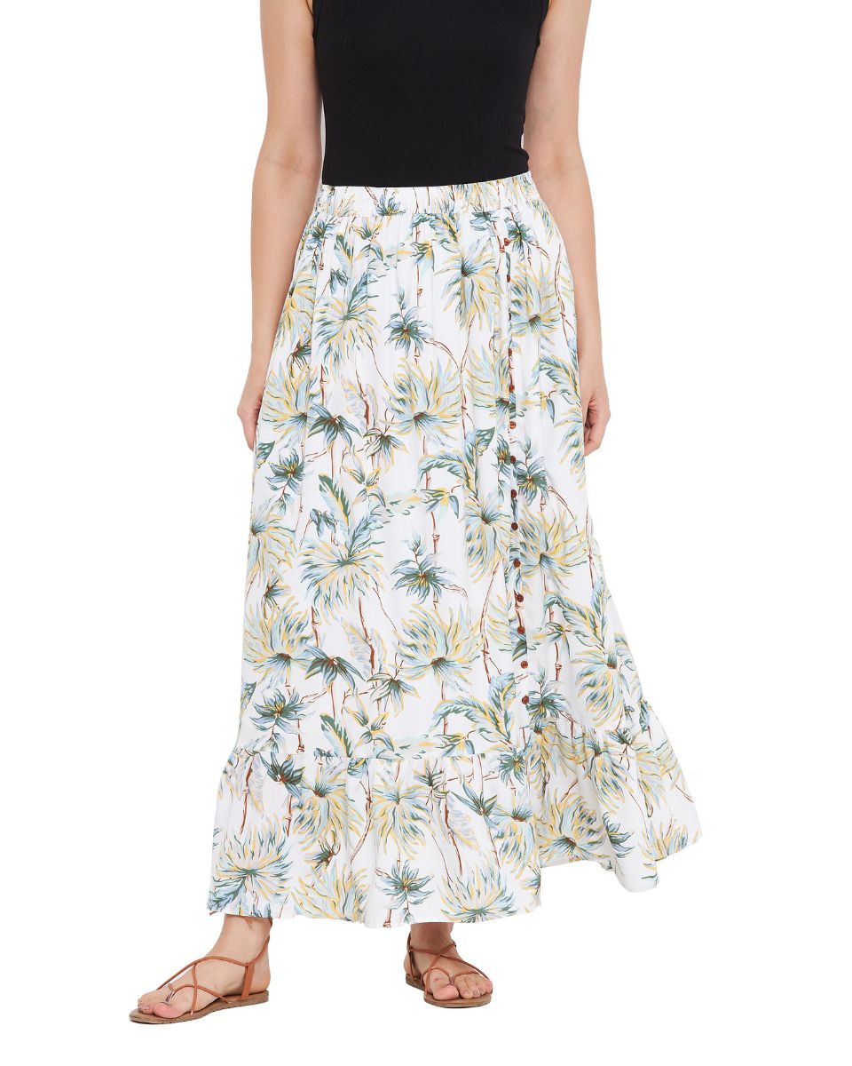 Floral Printed Ecru Polyester Skirt for Women