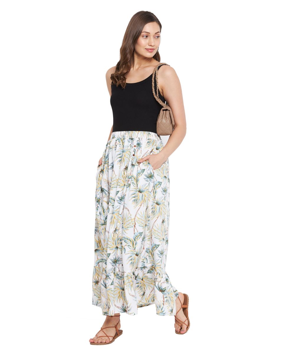 Floral Printed Off White Polyester Skirt For Women