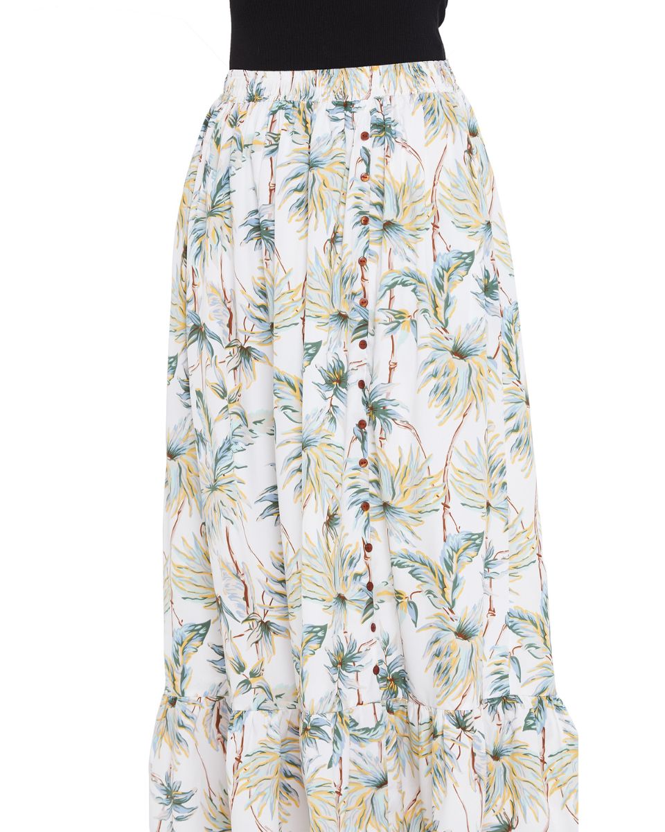 Floral Printed Off White Polyester Skirt For Women