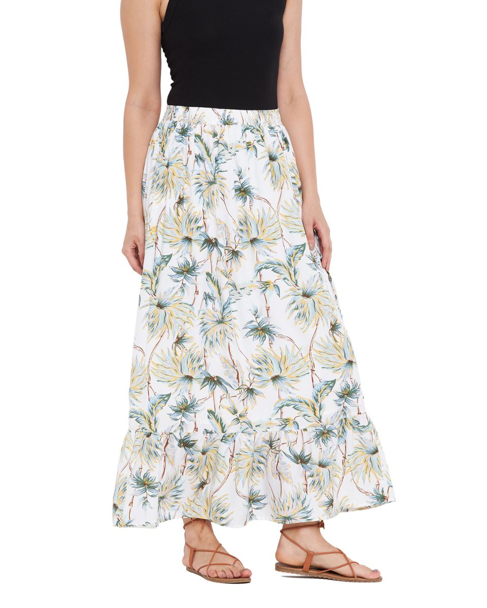 Floral Printed Off White Polyester Skirt For Women