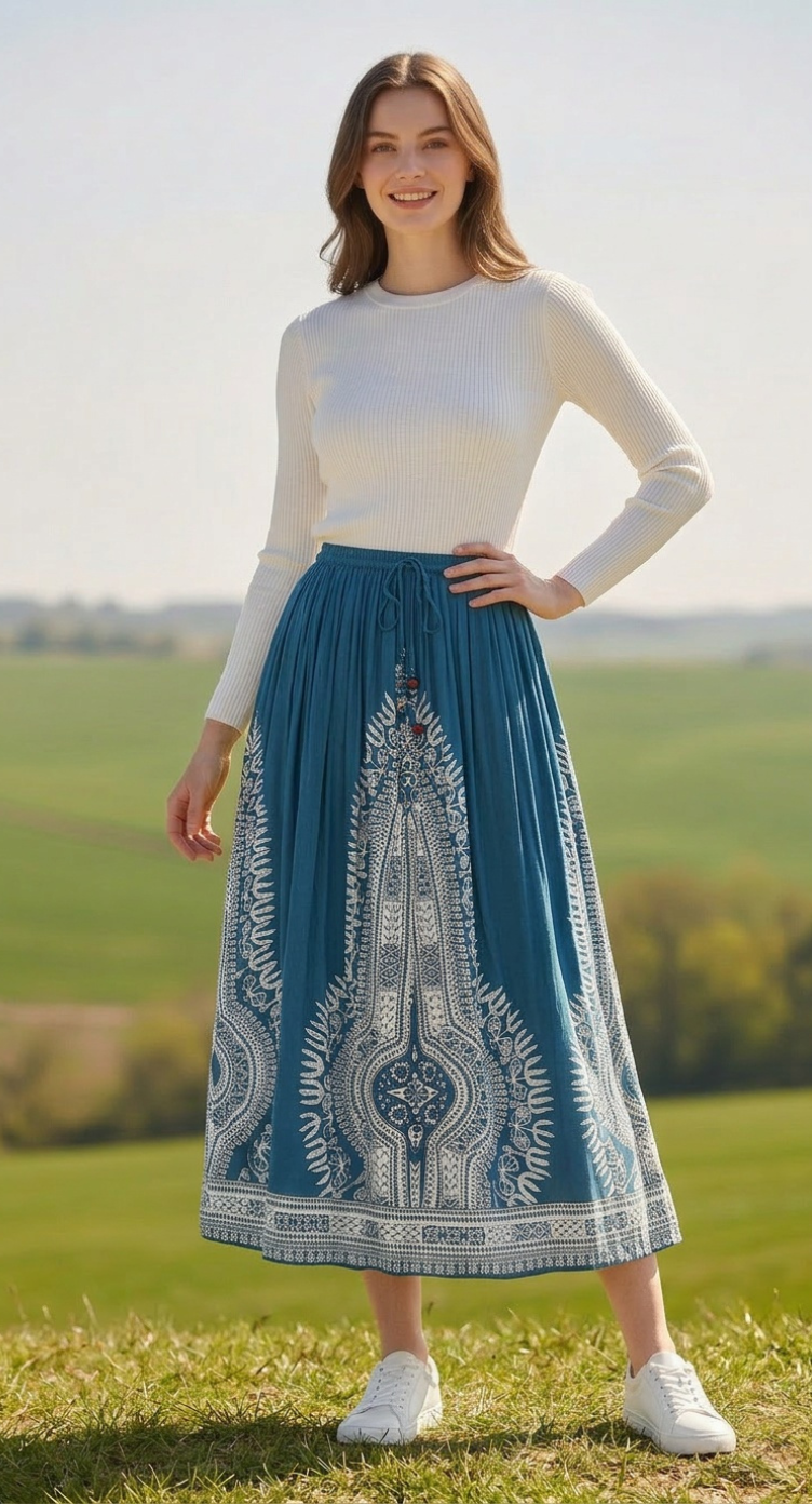 Denim Blue Rayon A Line Elastic Casual High Waist Drawstring Midi Skirt