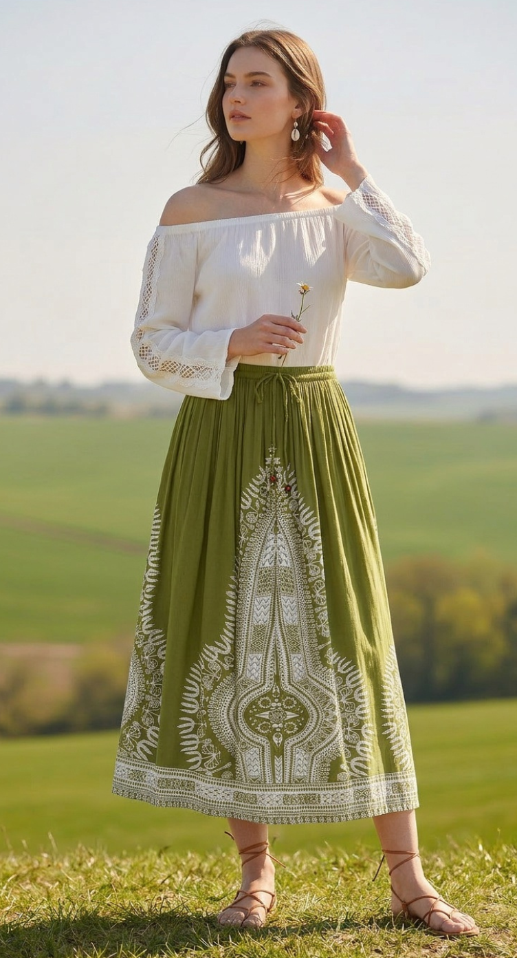 Rayon A Line Elastic Casual Olive High Waist Drawstring Midi Skirt